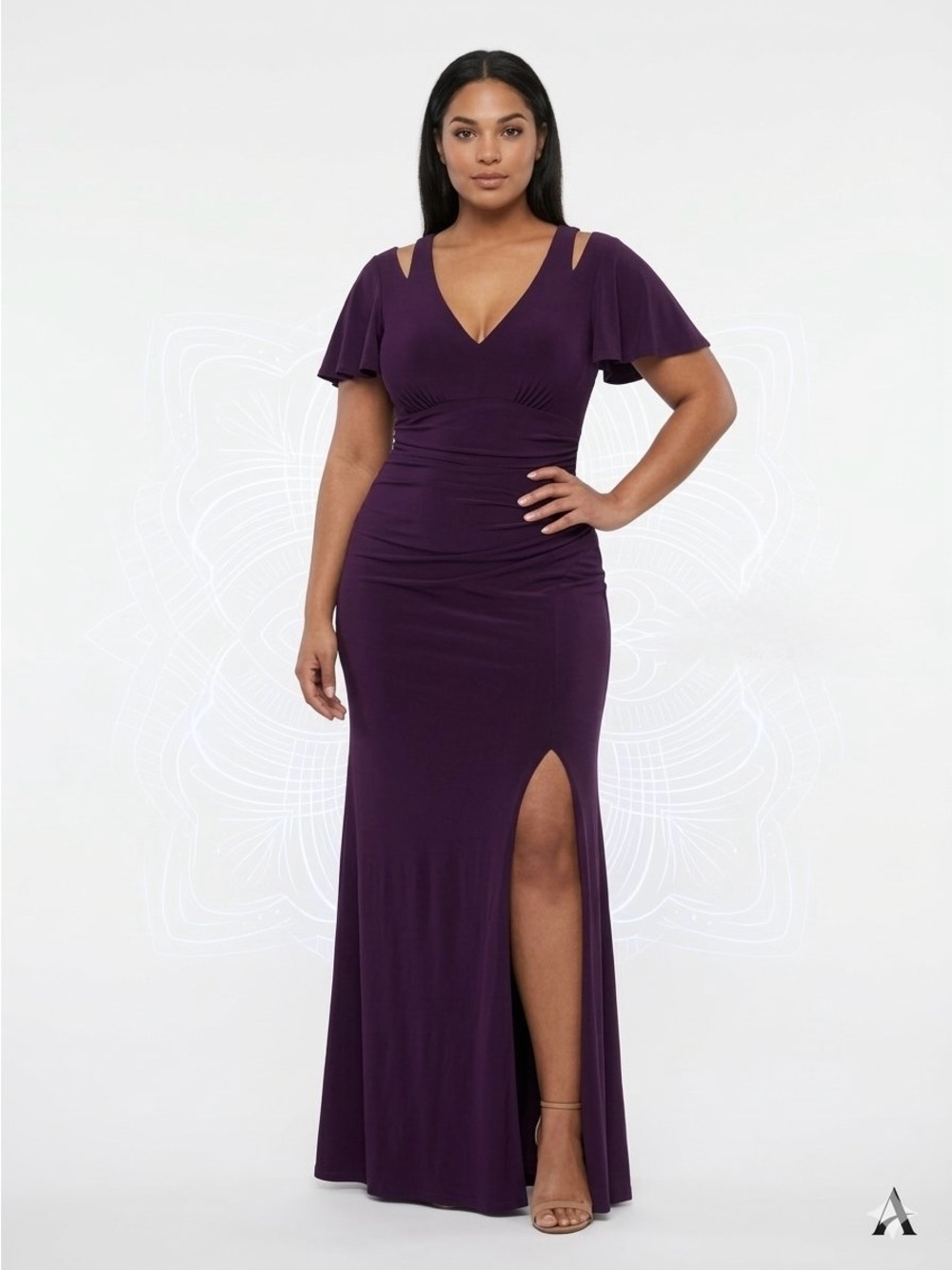 Xscape Plum V-Neck Maxi Dress with Flutter Sleeves and Thigh Slit